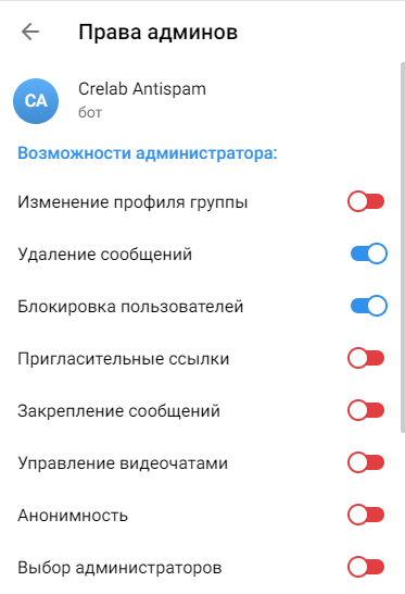 Виды прав администратора Telegram канала (выбор для антиспам бота)