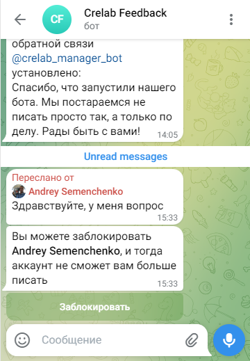 Пример общения в боте обратной связи в Telegram