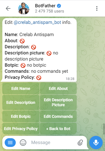 Редактирование описания Антиспам бота в BotFather